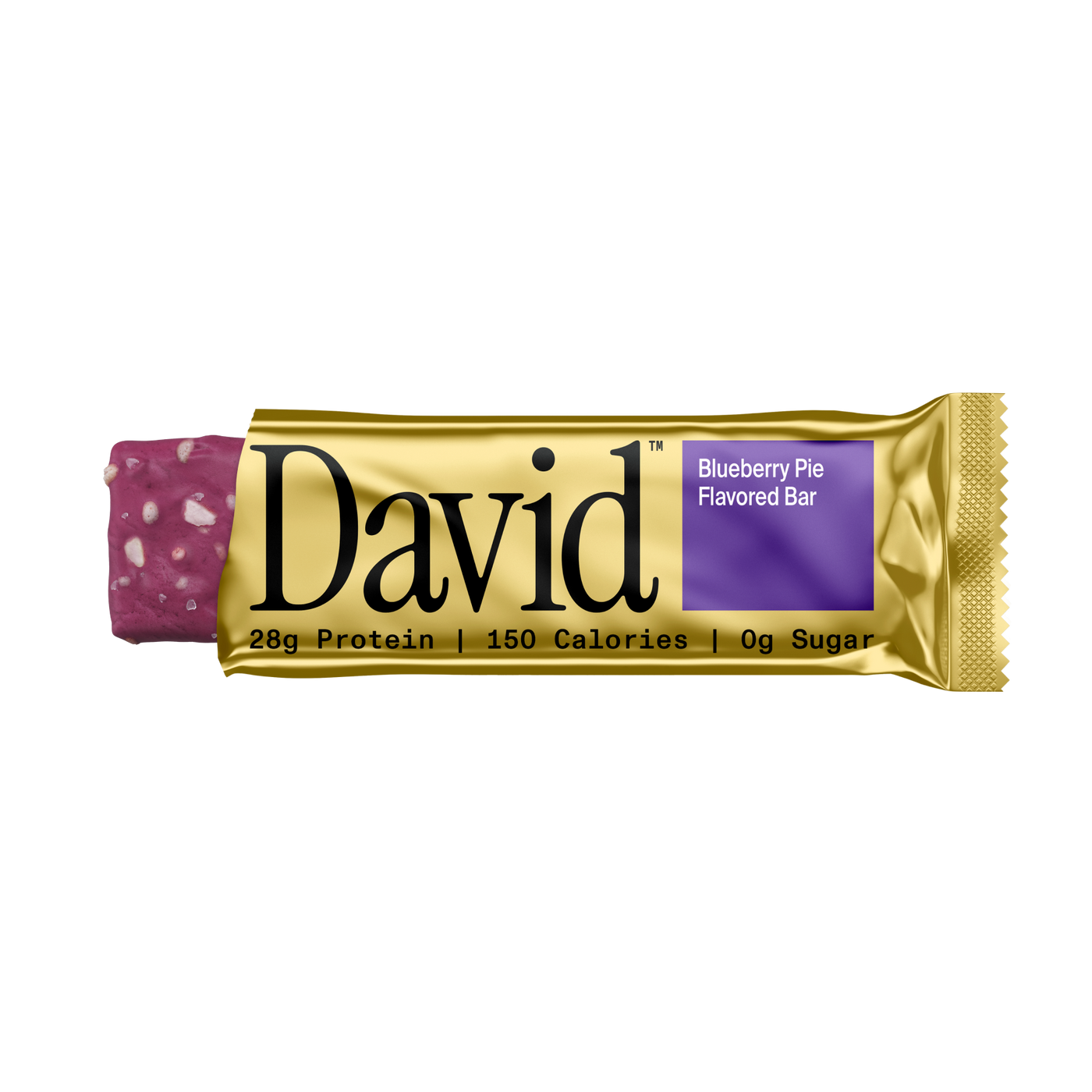 David Blueberry Pie flavored protein bar on a black background